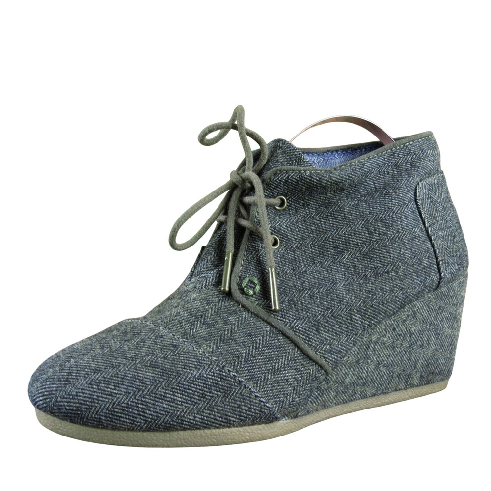 Toms Women 7 Brown Fabric Lace Up Wedge Booties Casual Comfort Shoes